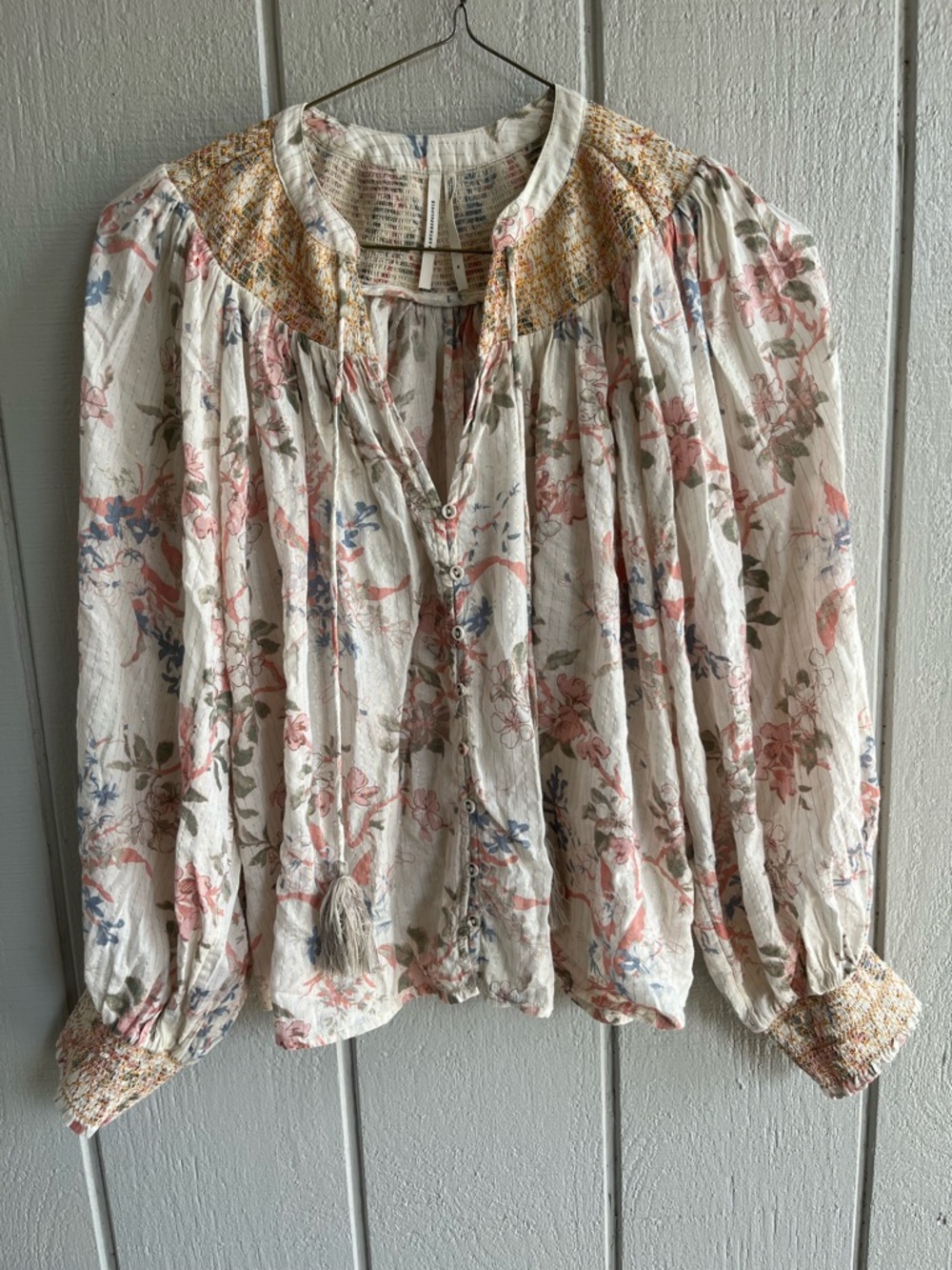 Anthropologie Viscose Long Sleeve Smocked Lurex Top Floral Print Tassels Size M - Picture 2 of 10